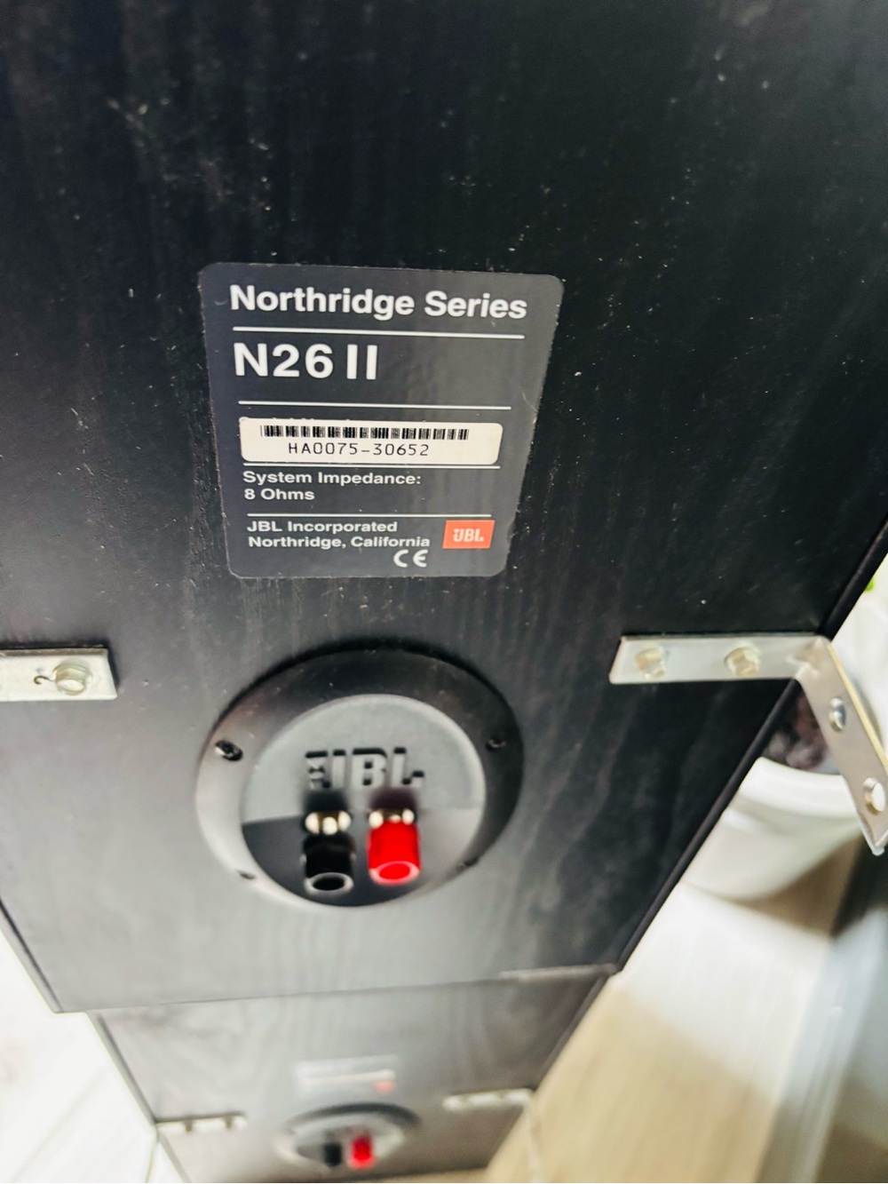 JBL black speaker with red terminal